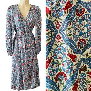 Zara Wrap Dress Jacquard Paisley Print Long Sleeve Sz M Blue Red V neck Shimmer